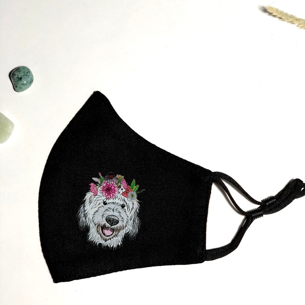 Dog with flowers 100% Linen Face Mask With Print